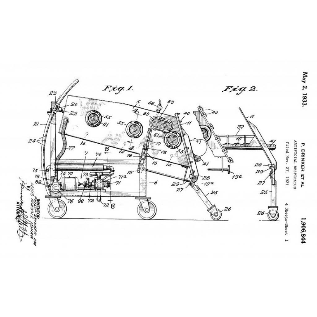 Şekil 1. Solunum cihazına ait Philip Drinker'ın patentinden bir diyagram. 
 US Patent no. 1906 844, 1933. USA Patent and Trade Office 